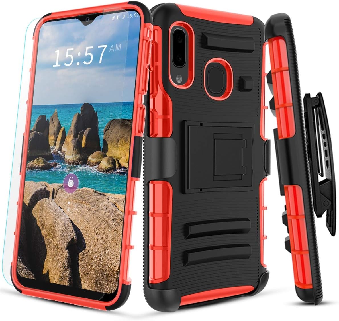 Aetech Phone Case for Samsung Galaxy A10e Case with 2 PCS Tempered Glass Screen Protector Belt Clip Kickstand Heavy Duty Durable for Women Men Girls Boys (Red)