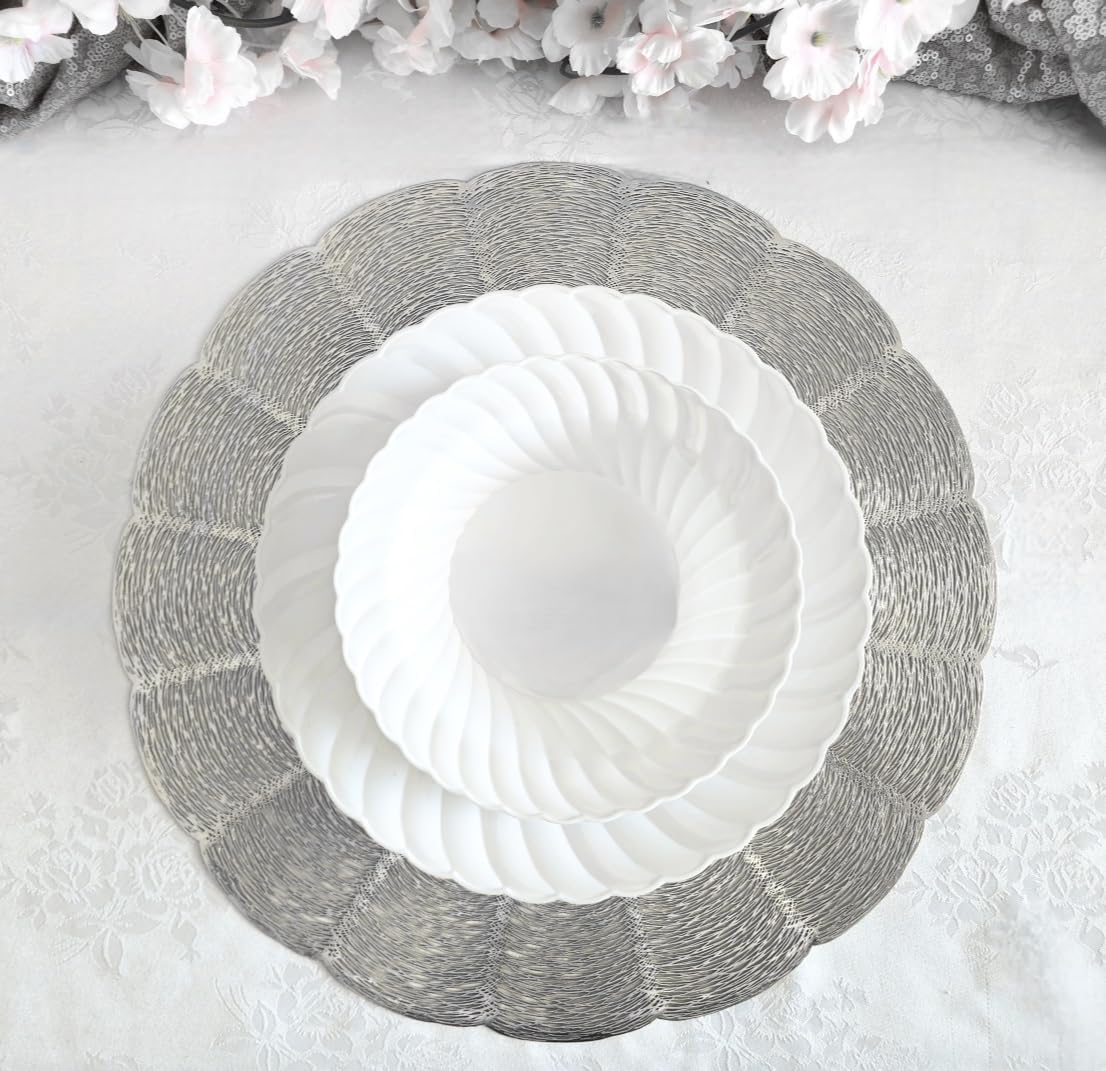 Occasions 10 Pieces Pack/Placemats Washable Easy to Clean PVC Heat-resistand Woven Vinyl Table Mats (Bloom-Shiny Silver)