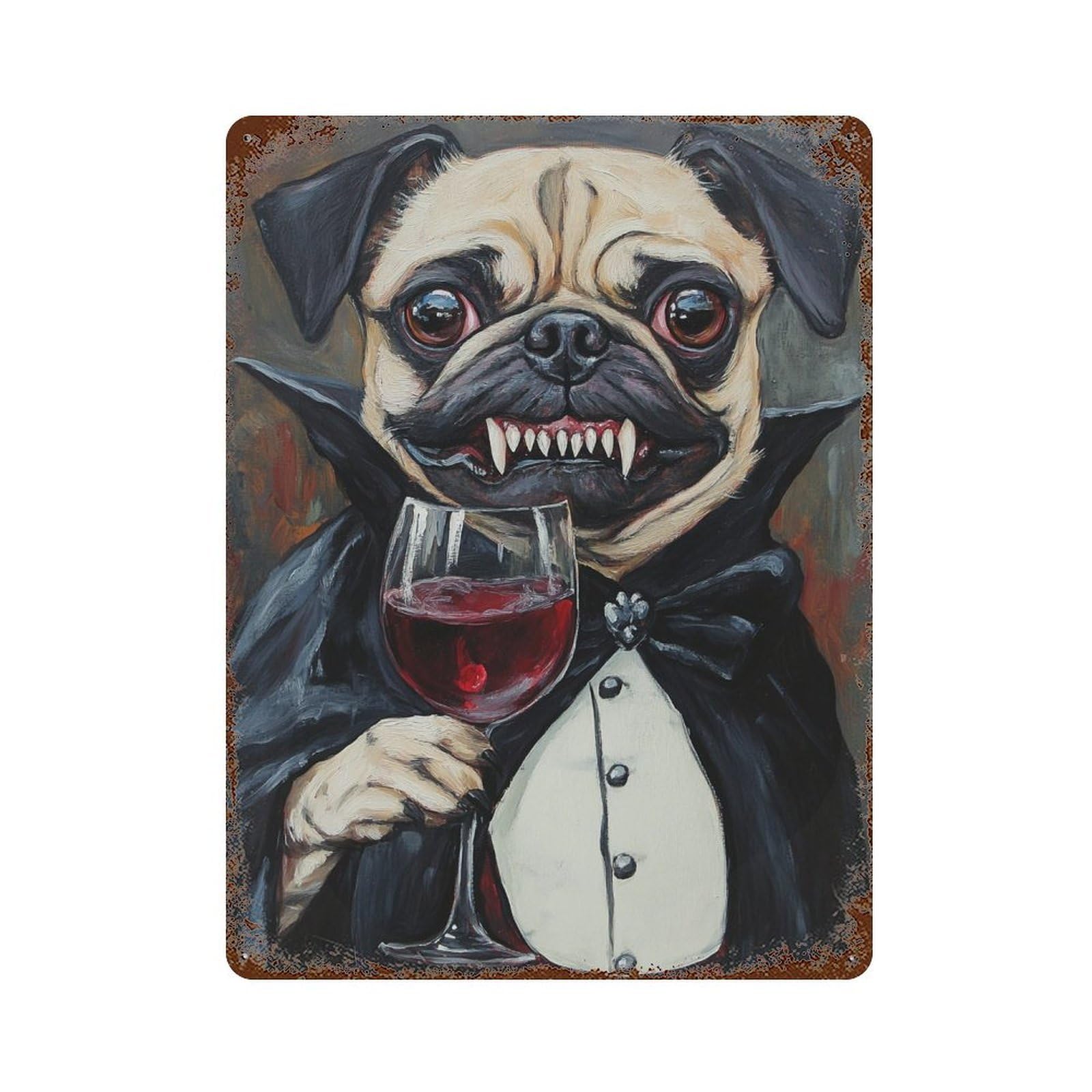 Retro Metal Sign with Vampire Pug with Wine Glass Design 15.7"x11.8", for Bistro, Counter And Cafe Decor, Shabby Chic Decor