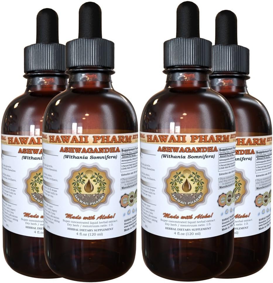 Hawaii Pharm Ashwagandha Liquid Extract, Ashwagandha (Withania Somnifera) Dried Root Tincture Supplement 4x4 oz