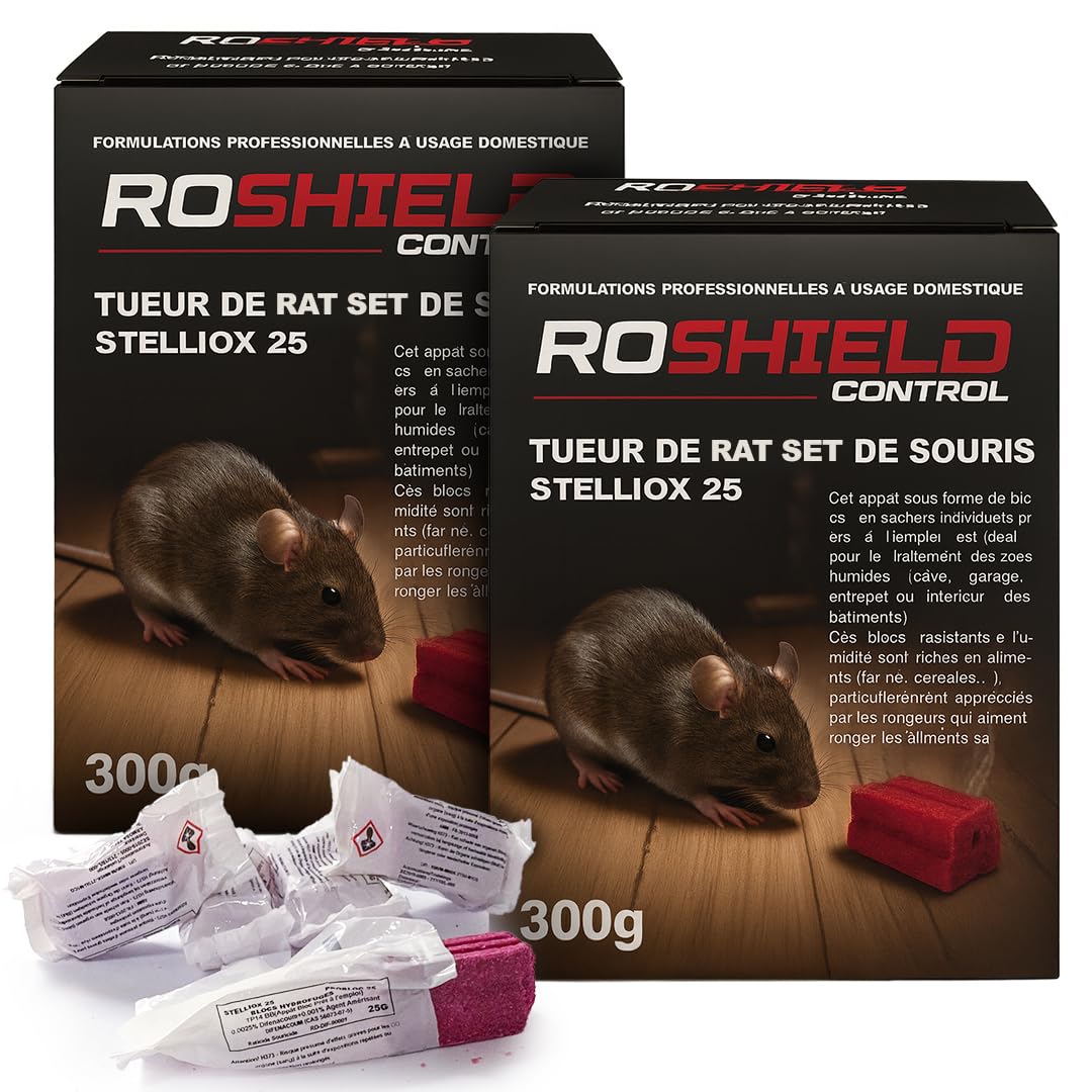 Roshield Anti Rats & Souris 600g Forte Infestation Habitation et Cuisine Efficace dès la 1ère Ingestion Idéal pour Lieux Secs & Humides (600g, 24x25g)