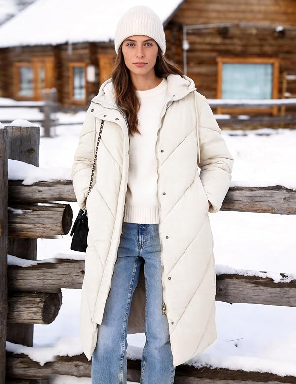 Flygo Womens Long Puffer Coat Long Sleeve Padded Winter Down Coats Hooded Parka Jacket(Beige-S) by Flygo - Image 2