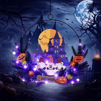 Pre-Lit Halloween Wreath for Front Door, Lighted Dwarf with 6H On/18H Off