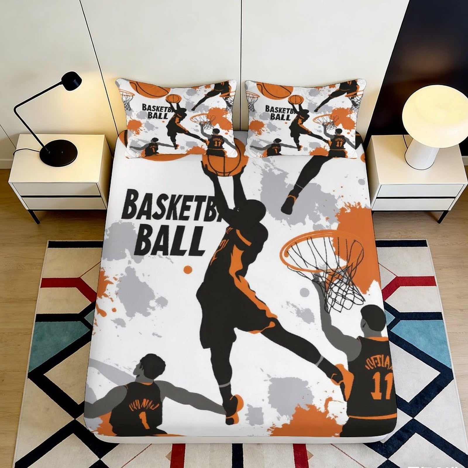 Jqzkxnhpbr Style-3 3D Printed Basketball Slam Dunk Fitted Sheet Microfiber Soft Breathable Orange Grey Bed Cover For Bedroom Guestroom Mattress Protection 90X200x25cm