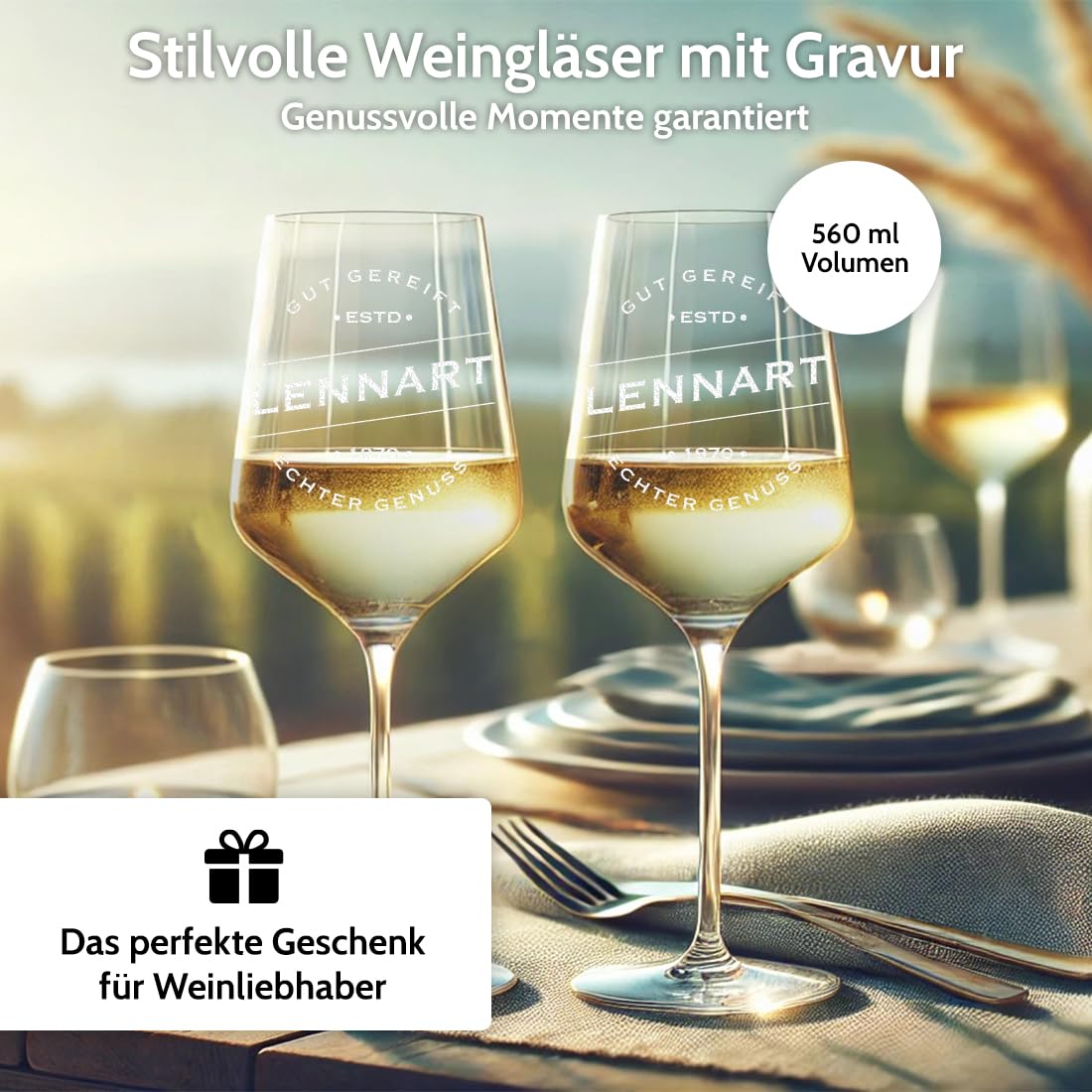 polar-effekt Weingläser 560 ml 2er-Set & Holzkiste mit personalisiertem Druck - Geschenk für Weinliebhaber - Gläser für Rotwein & Weißwein - extra spülmaschinenfest