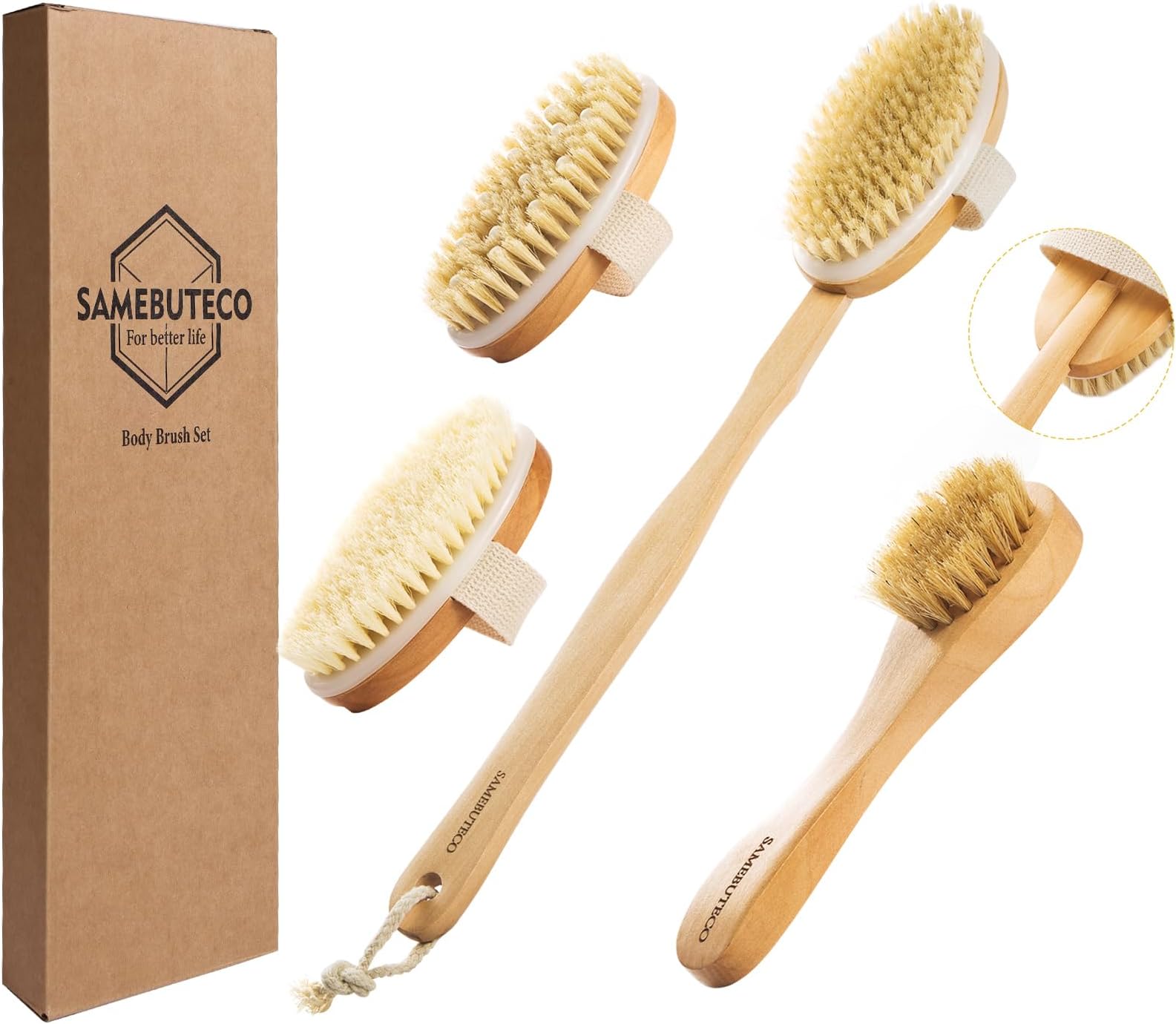 SAMEBUTECO Dry Brushing Body Brush Set with Long Handle, Natural Boar Bristle Body & Face Brush, Wooden Detachable Scrub Brush, 3 Brush Heads for Exfoliating & Body Care