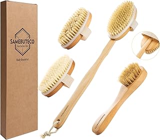 Dry Brushing Body Brush Set with Long Handle, Natural Boar Bristle Body & Face Brush, Wooden Detachable Scrub Brush, 3 Brush Heads for Exfoliating & Body Care