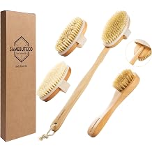 SAMEBUTECO Dry Brushing Body Brush Set with Long Handle, Natural Boar Bristle Body & Face Brush, Wooden Detachable Scrub Brush, 3 Brush Heads for Exfoliating & Body Care