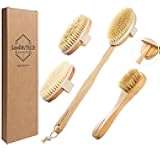 SAMEBUTECO Dry Brushing Body Brush Set with Long Handle, Natural Boar Bristle Body & Face Brush, Wooden Detachable Scrub Brush, 3 Brush Heads for Exfoliating & Body Care