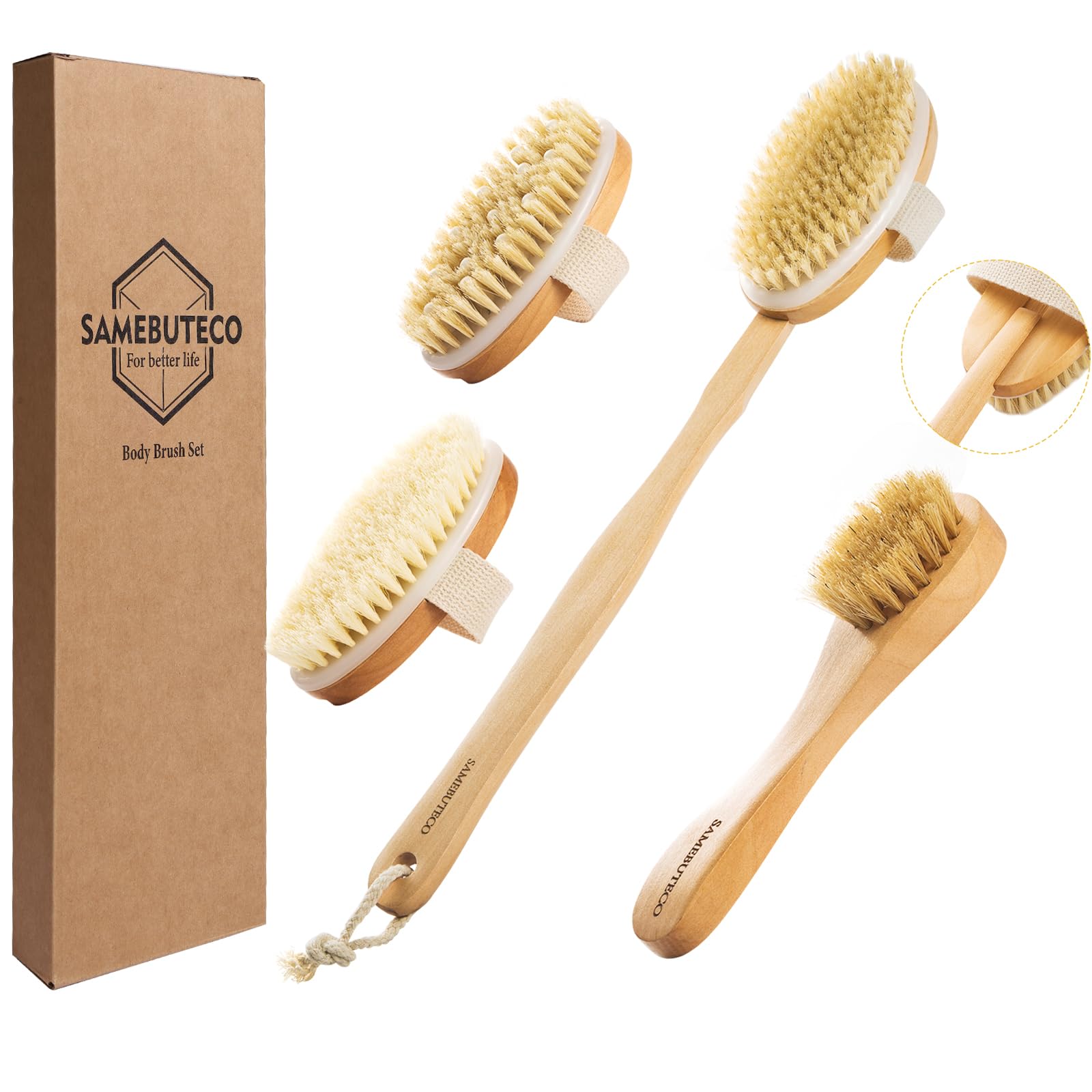 Dry Brushing Body Brush Set Wood Long Handle with 3 Detachable Heads, Face Brush,Body Scrubber Boar Bristle Exfoliator for Lymphatic Drainage and Cellulite,Back Scrubber for Shower