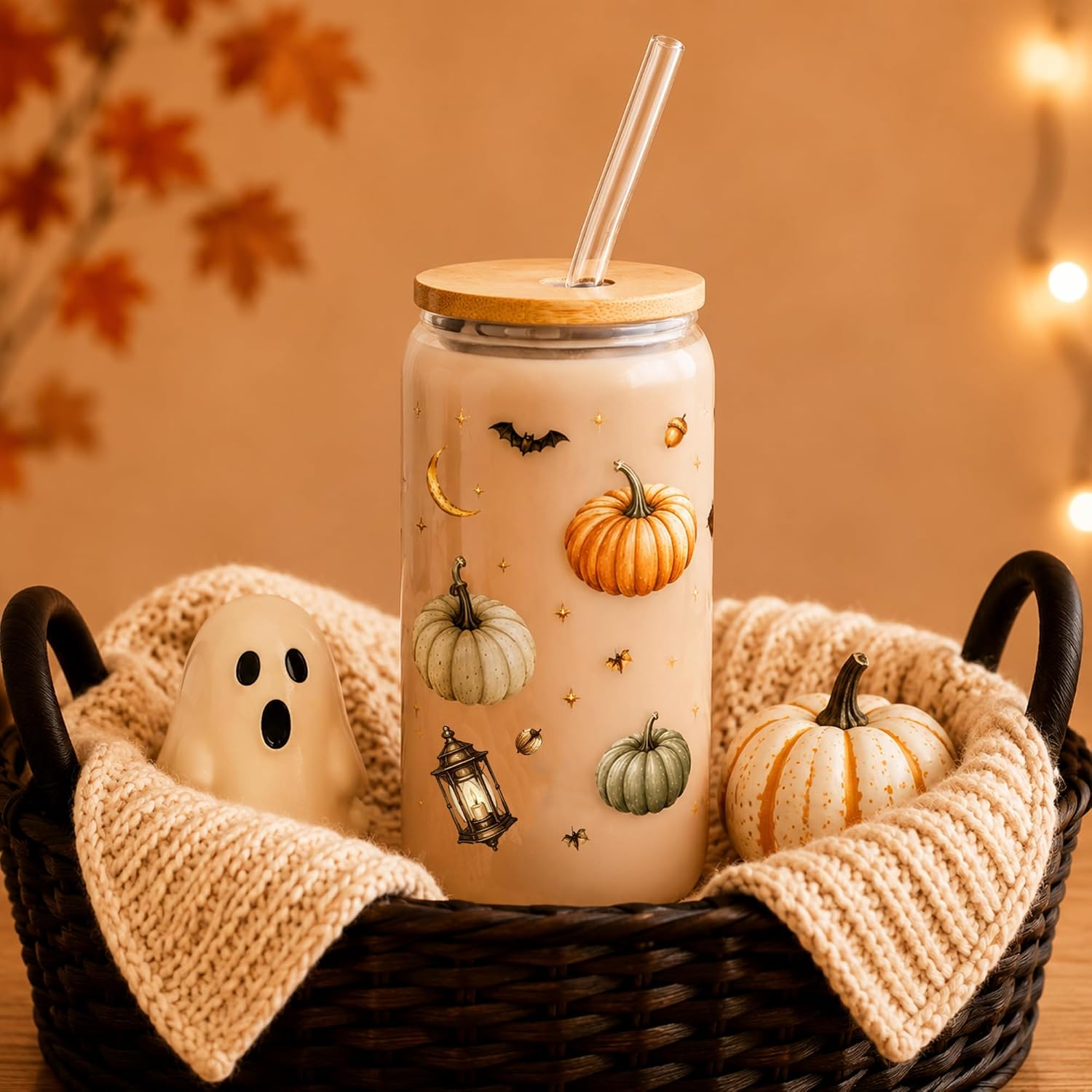 Lamyba Fall Boo Basket Stuffers for Adults Teens Girls - Halloween Fall Gifts for Women, 16oz Pumpkin Glass Cups with Lid & Straw