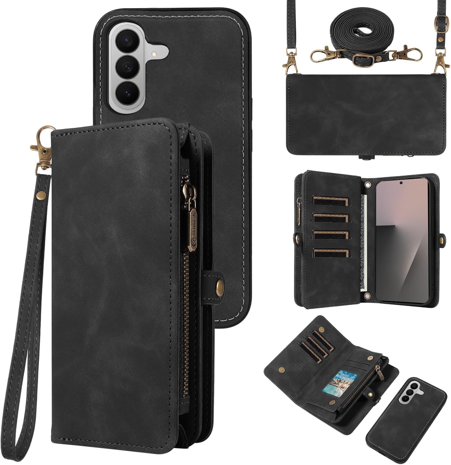 Asuwish Phone Case for Samsung Galaxy Z Fold 7 Zipper Wallet Detachable Cell Cover with Crossbody Lanyard Strap Flip Card Holder Slot Heavy Duty Shockproof ZFold Z7 G Fold7 7Z Women Men Girls Black
