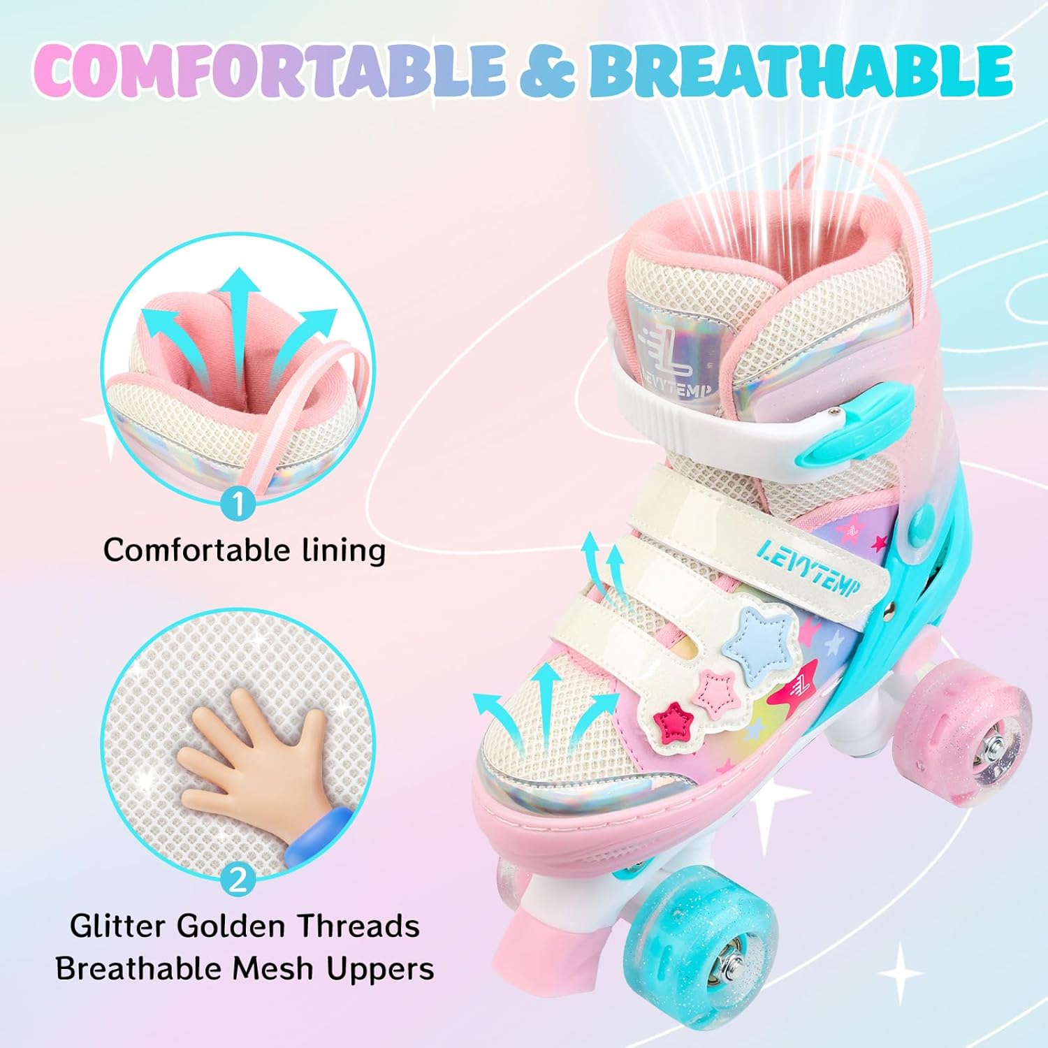 Kids Roller Skates for Girls Kids with Light Up Wheels, Adjustable 4 Sizes (10C-7.5Y), Star Design, Triple Safety System, Ideal Gift for Ages 3-12