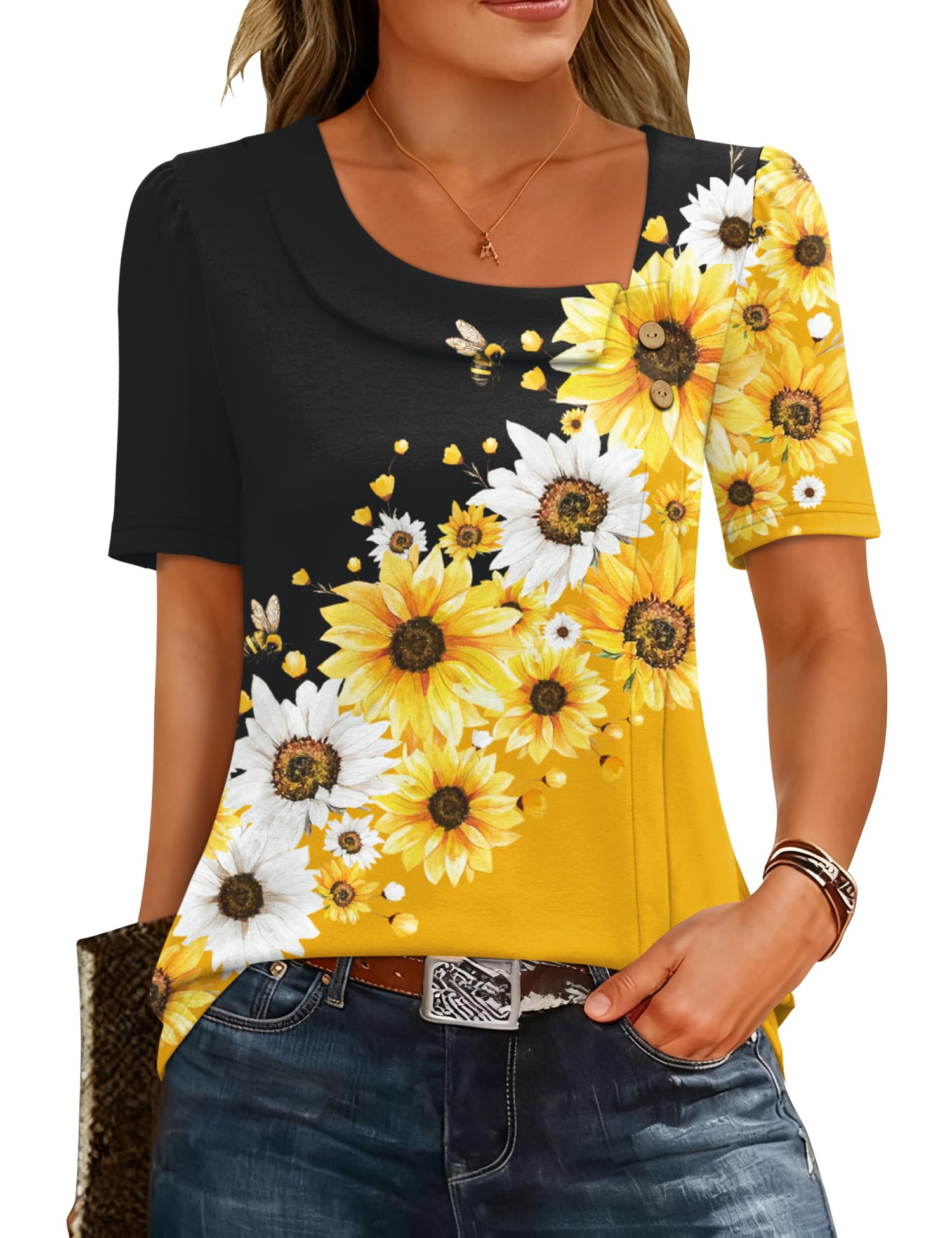 Rapbin Bluse Damen Elegant Sommer Oberteile Kurzarm Asymmetrischer Kragen T-Shirt Business Casual Tunika S-XXL