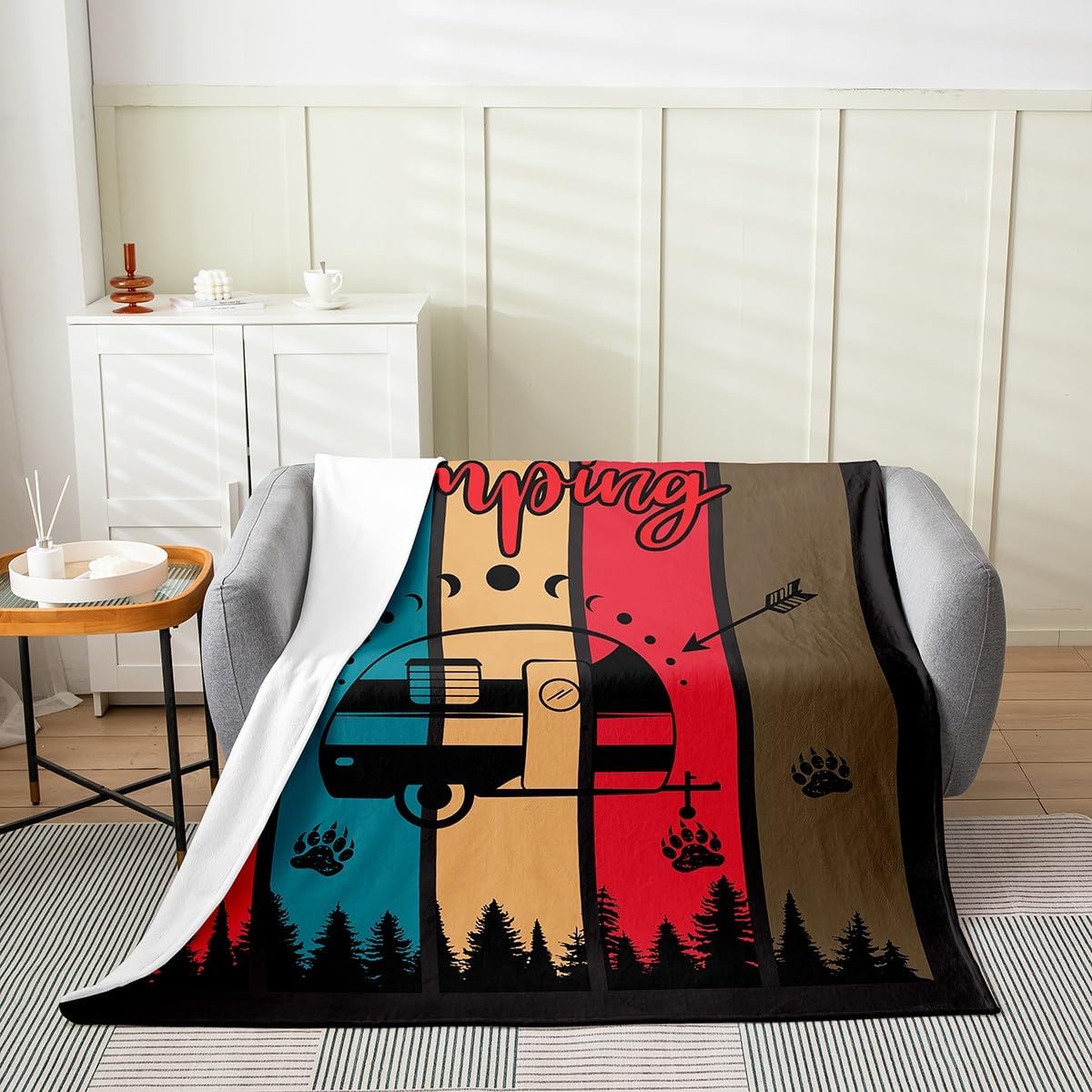 Happy Camping Fleece Blanket,Bear Claw Pines Rustic Farmhouse Cabin Bed Blanket for Kids Teens,Hunting Adventure Retro Striped Flannel Blanket for Room Decor,Queen 90"x90"