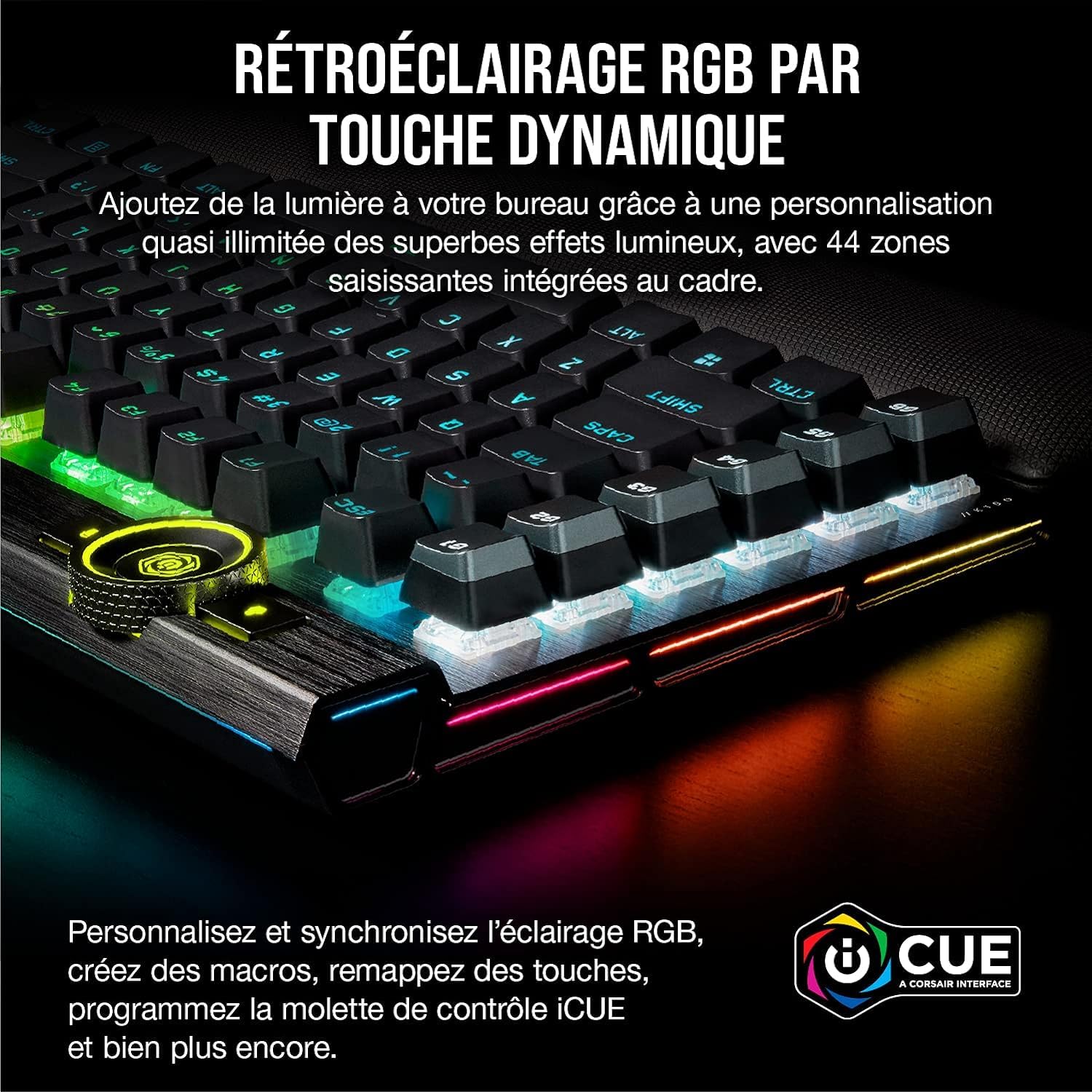 Corsair Klawiatura gamingowa K100 RGB (przełączniki optyczno-mechaniczne OPX: ultraszybkie i liniowe klawisze, podwójny wtrysk PBT, Elgato Stream Deck) AZERTY, czarna