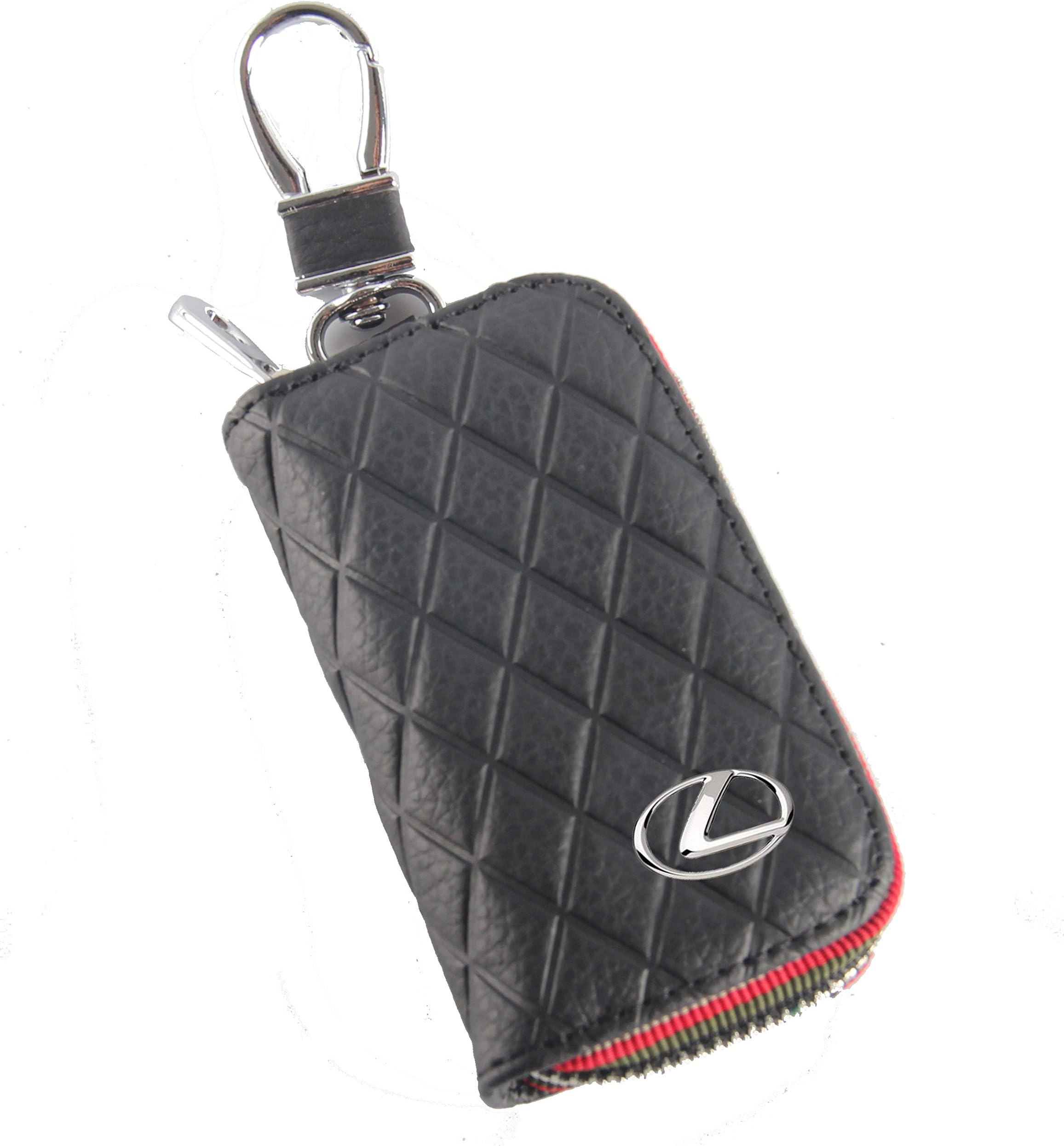 Key Chain Bag Black Diamond Lattice Genuine Leather Ring Holder Case Car Auto Coin Remote Smart Key Cover Fob Alarm Security Zipper Keychain Wallet Bag (Lexus)