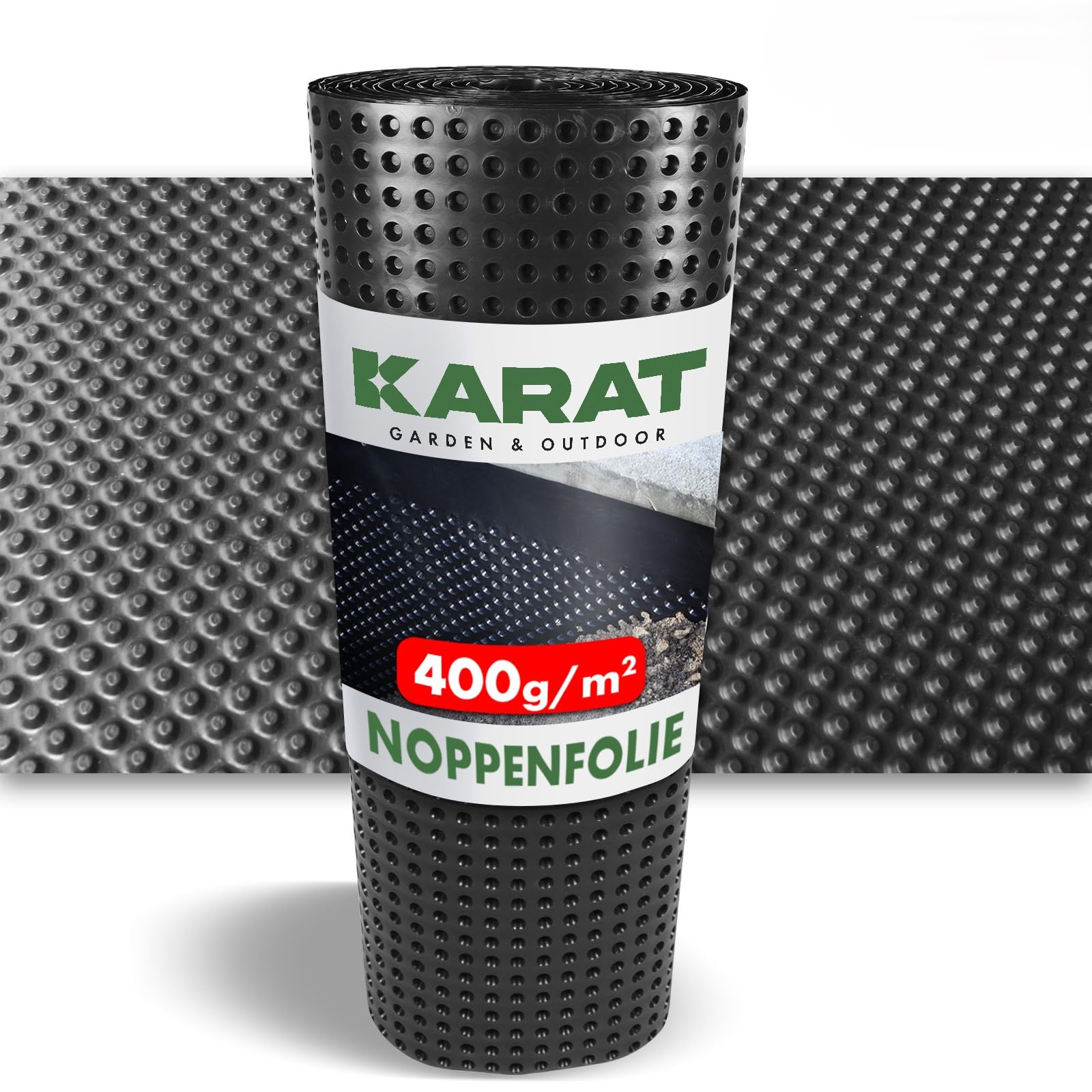 KARAT 400g/m² Premium Noppenfolie, Hochbeetfolie - Noppenbahn für Mauerschutz, Grundmauerschutz - Dichtungsbahn mit Drainage - flexibel zuschneidbar (1, Schwarz, 0,5 x 2,5 m)