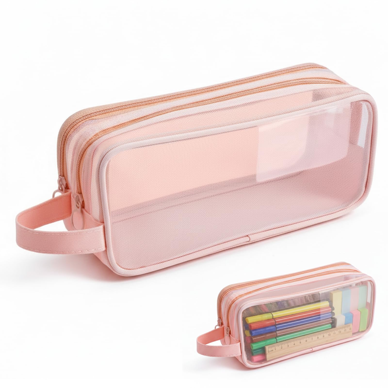 Clear Pencil Case,Transparent Pencil Case,Mesh Pencil Cases for Exam,Large Capacity 2 Compartment Pen Bag, Portable Pencil Pouch,Makeup Bag,See Through Pencil Cases for Boys,Girls,School,Office(Pink) — image 1