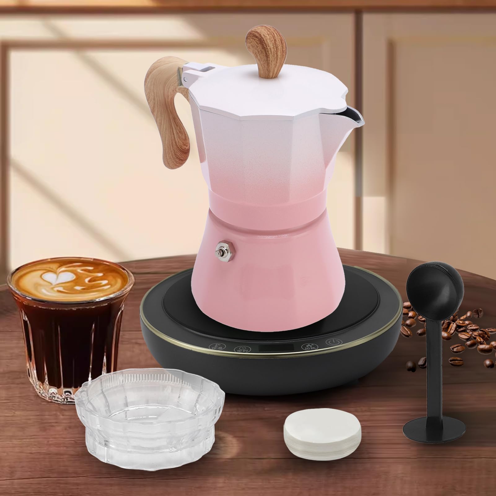 Caffettiera Italiana Caffettiera in Lega di Alluminio 150ml 3 Tazze con Filtro in Carta e Cucchiaio Valvola Singola per Birra Fatta in Casa Piccola Famiglia Latte Cappuccino (Rosea)