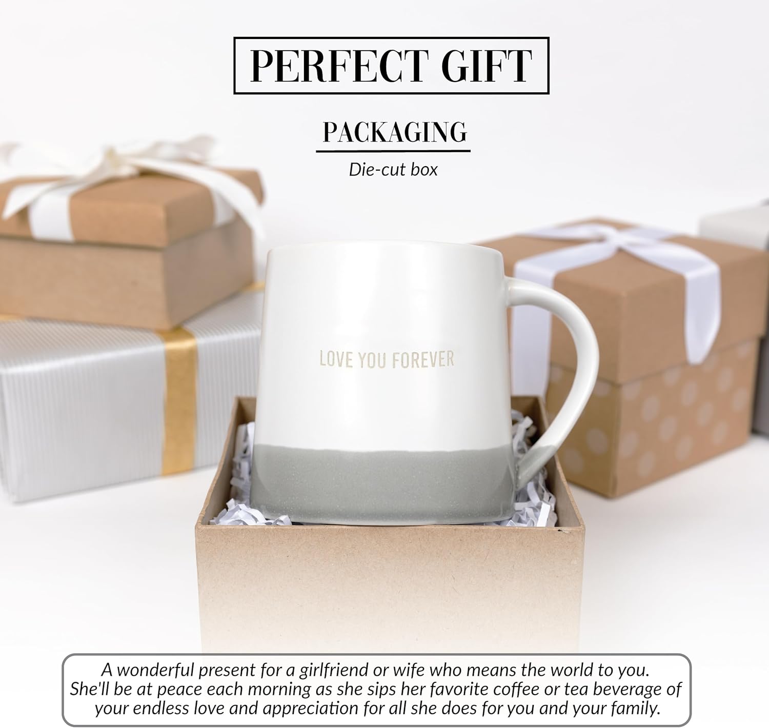 Pavilion Gift Company - Love You Forever - 17oz Organic Shaped Gray Dipped Stamped Letter Novelty Coffee Mug Tea Cup Wife Girlfriend Fiancee Boyfriend Husband Fiance Anniversary Neutral Modern Present - Image 4