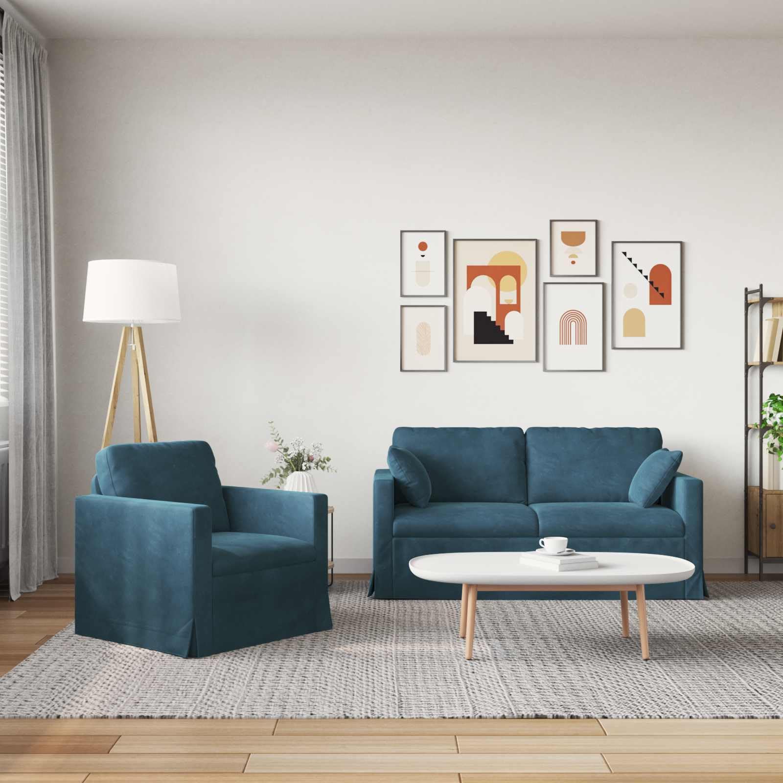 Juego de 2 sofás modulares azules 158x78x80cm tela de terciopelo paisaje residencial con marco de metal para ambientes modernos, asiento cómodo y estética elegante