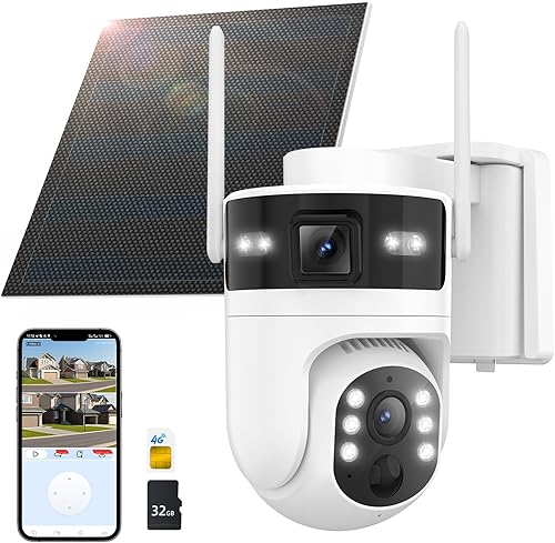 Cámaras de seguridad celular 4G LTE cámara de seguridad inalámbrica para exteriores, visión en vivo de 360 anillos con tarjeta SD de 32 G,