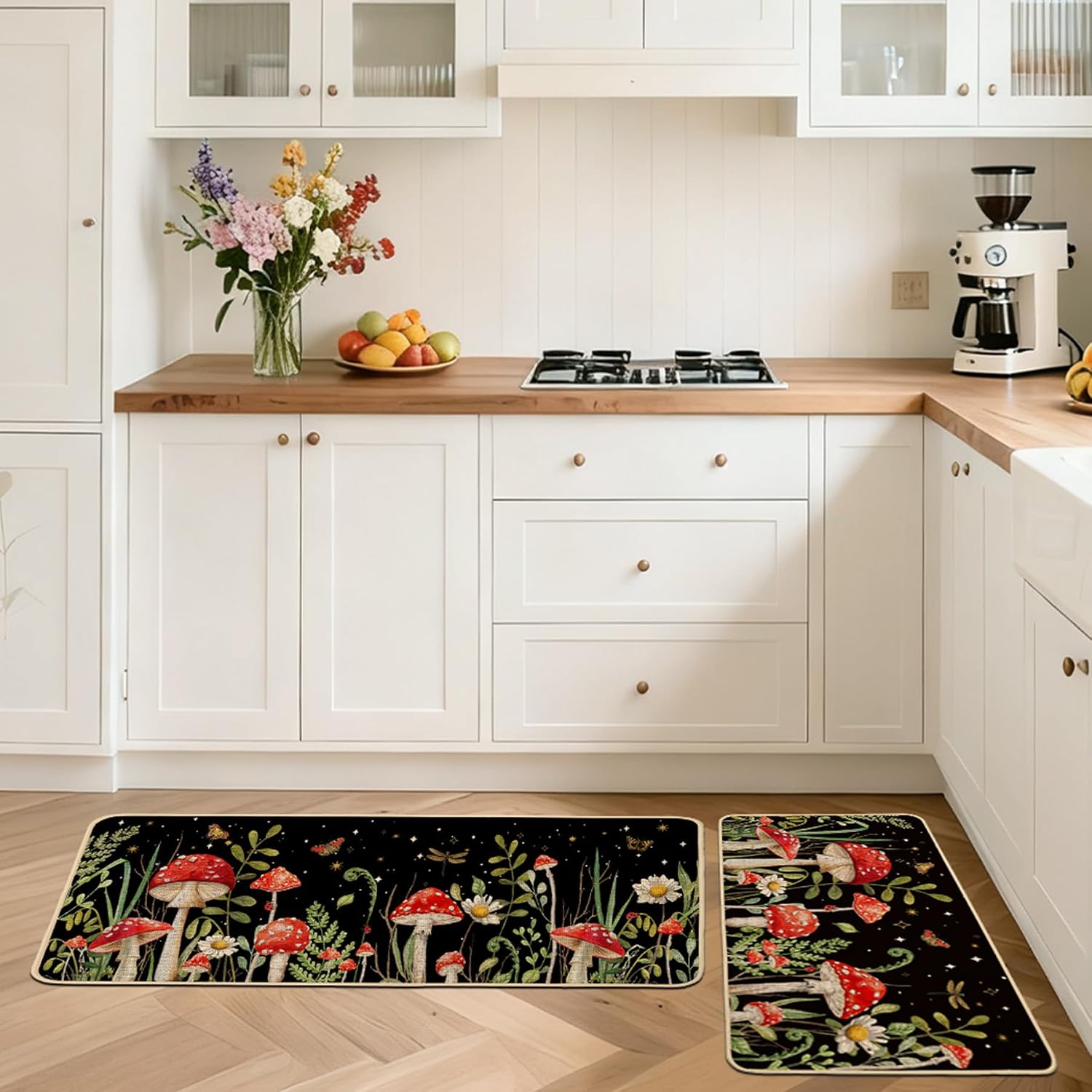 Baccessor Black Mushroom Kitchen Mats Set of 2, Summer Moth Daisy Kitchen Rugs for Floor Hallway Laundry Sink Non Slip Low-Profile Seasonal Home Decor 17x29 and 17x47 Inch