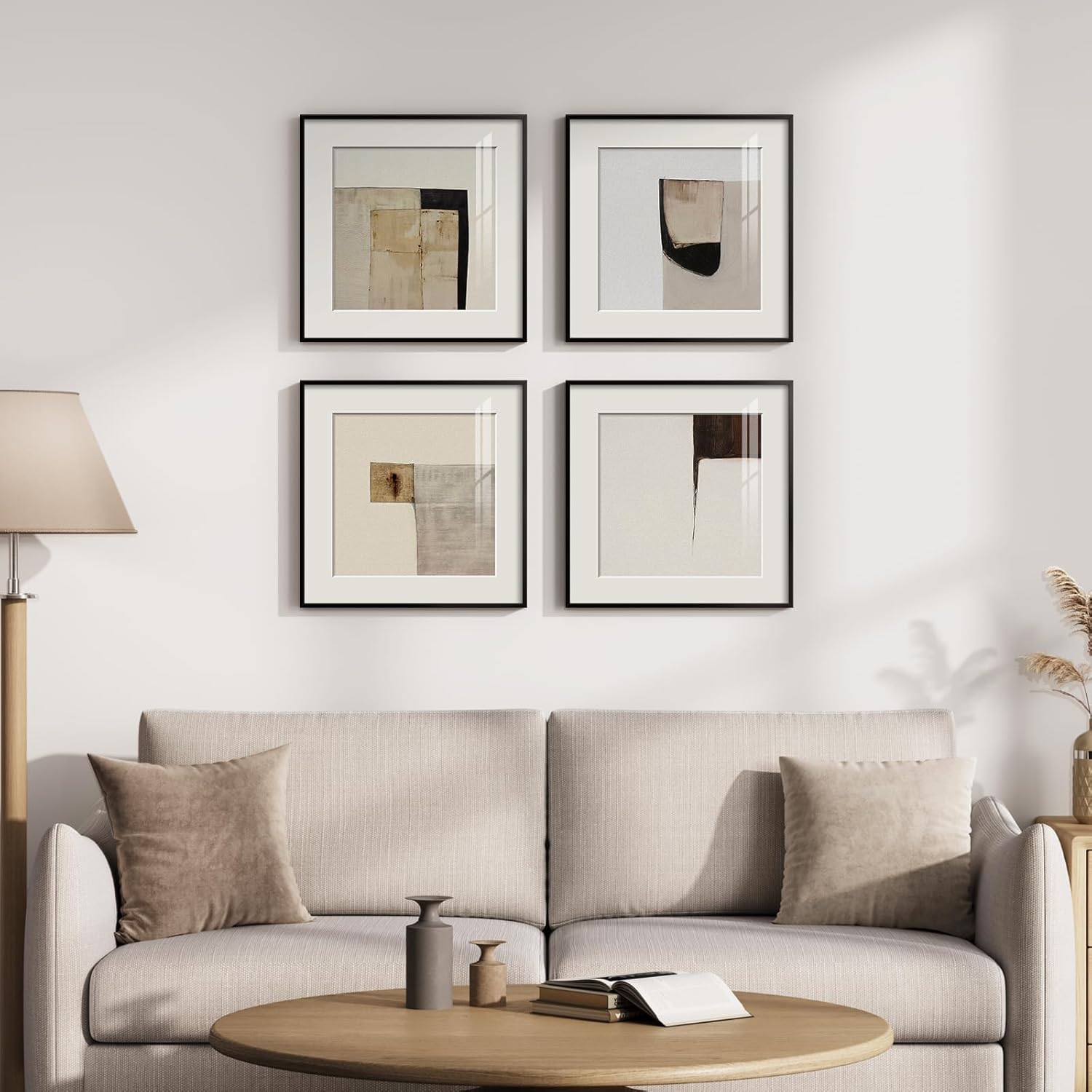 4 Piece Framed Neutral Abstract Wall Art Set, Tan and Black Geometric Modern Pictures Prints, Minimalist Luxury Paintings Artwork for Bedroom, Bathroom, Hallway and Living Room 12x12 Inch
