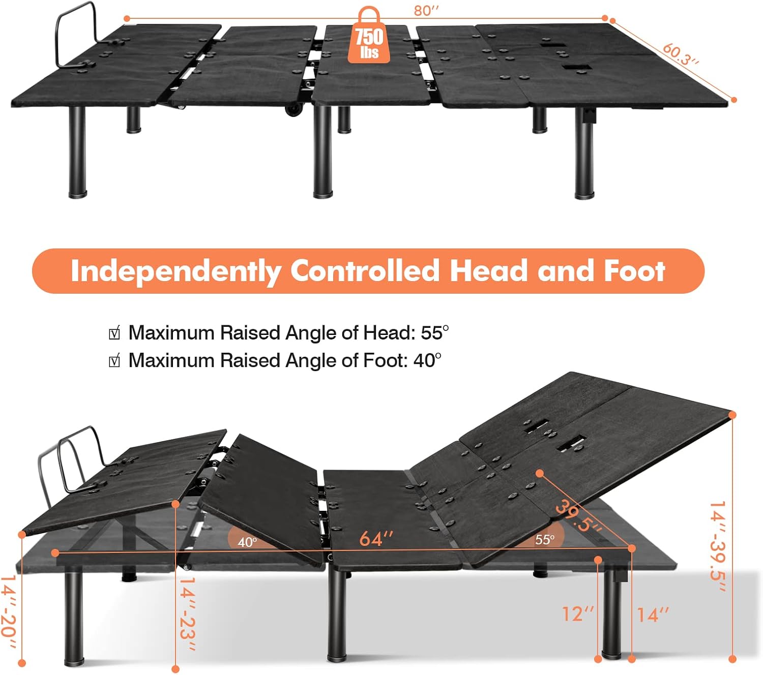 KOMFOTT Adjustable Bed Base with Remote, Electric Reclining Bed with Head & Foot Incline, LED Under-Bed Lighting and Dual USB Ports, Adjustable Bed Frame (Base Only, Queen)