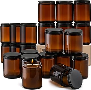 24 Pack, 8 OZ Thick Amber Candle Jars for Making Candle - Round Glass Ja...