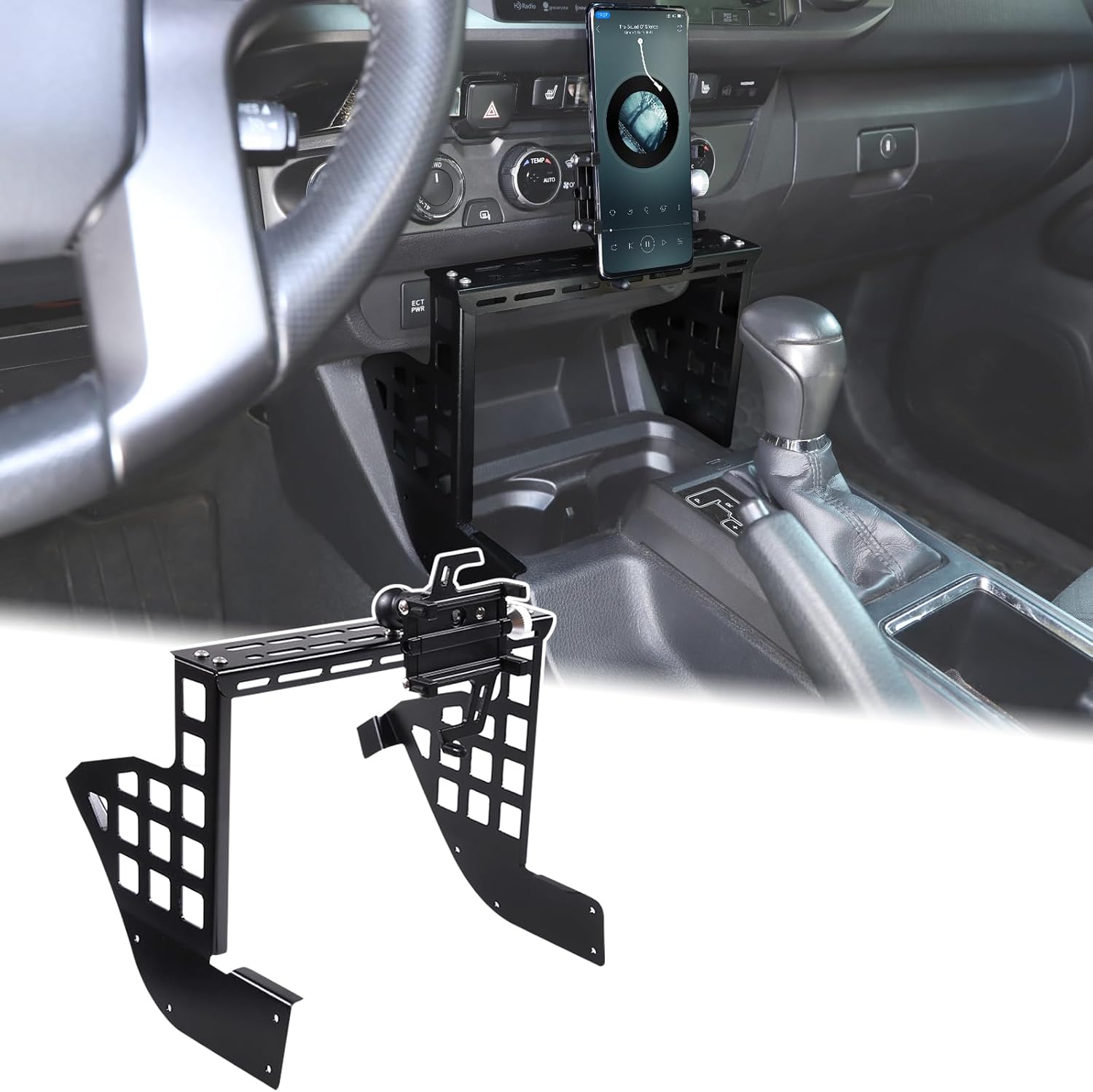 Aunginsy Center Console Modular Storage Baffle with Mobile Phone Mount Compatible with Toyota Tacoma 2016-2023, Car Gear Shift Box Storage Molle Panel with Cell Phone Holder Based Bracket Accessories