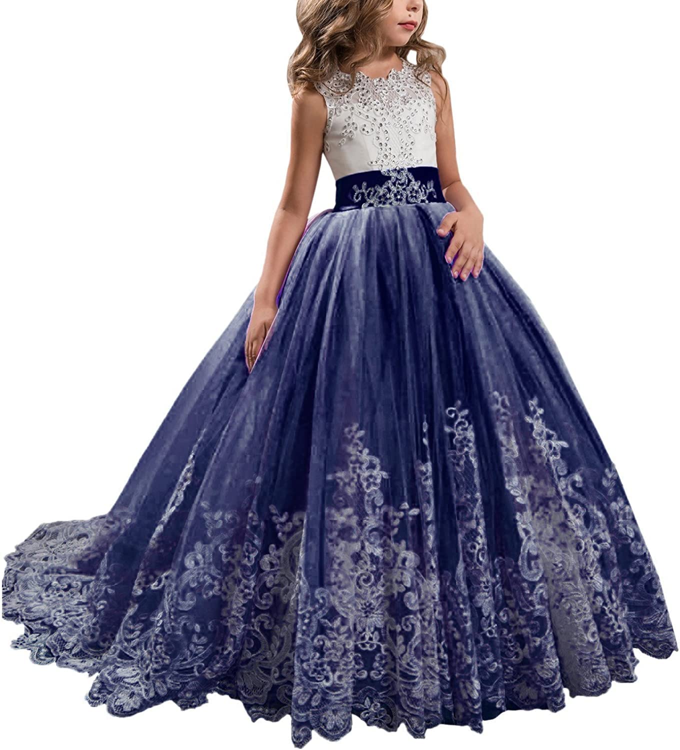 Fuomomo Long Lace Dress for Girls - Tulle Princess Pageant Dress - Flower Girls Formal Evening Party Dress - Navy Blue