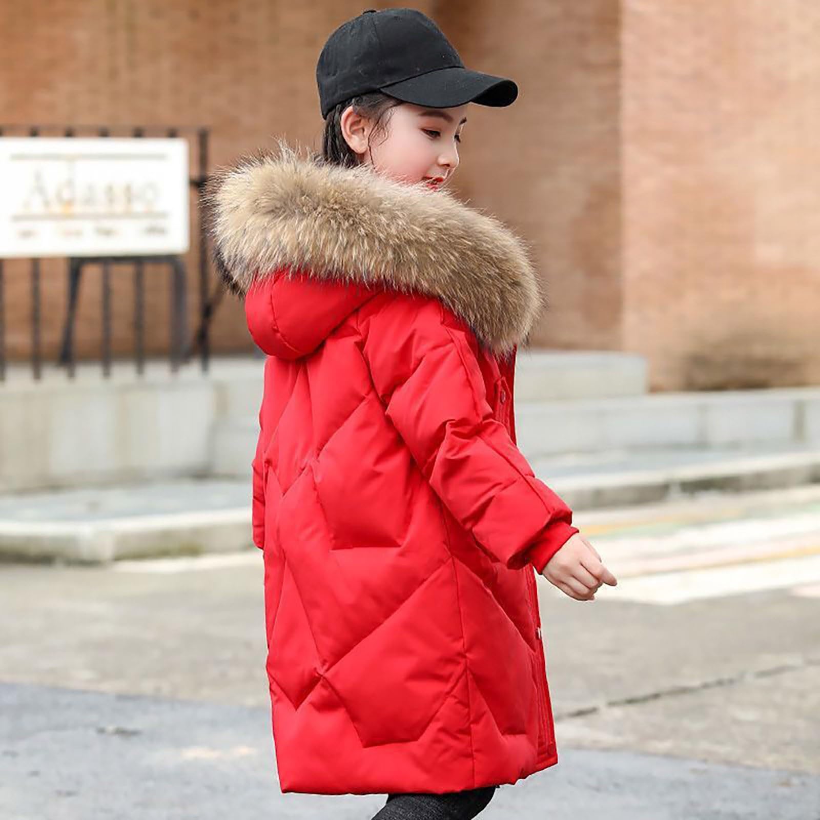 Clearance UK - Abrigos para niñas, abrigo largo de invierno con capucha de piel sintética para niñas pequeñas, chaqueta acolchada con cremallera y capucha, resistente al viento, forro polar
