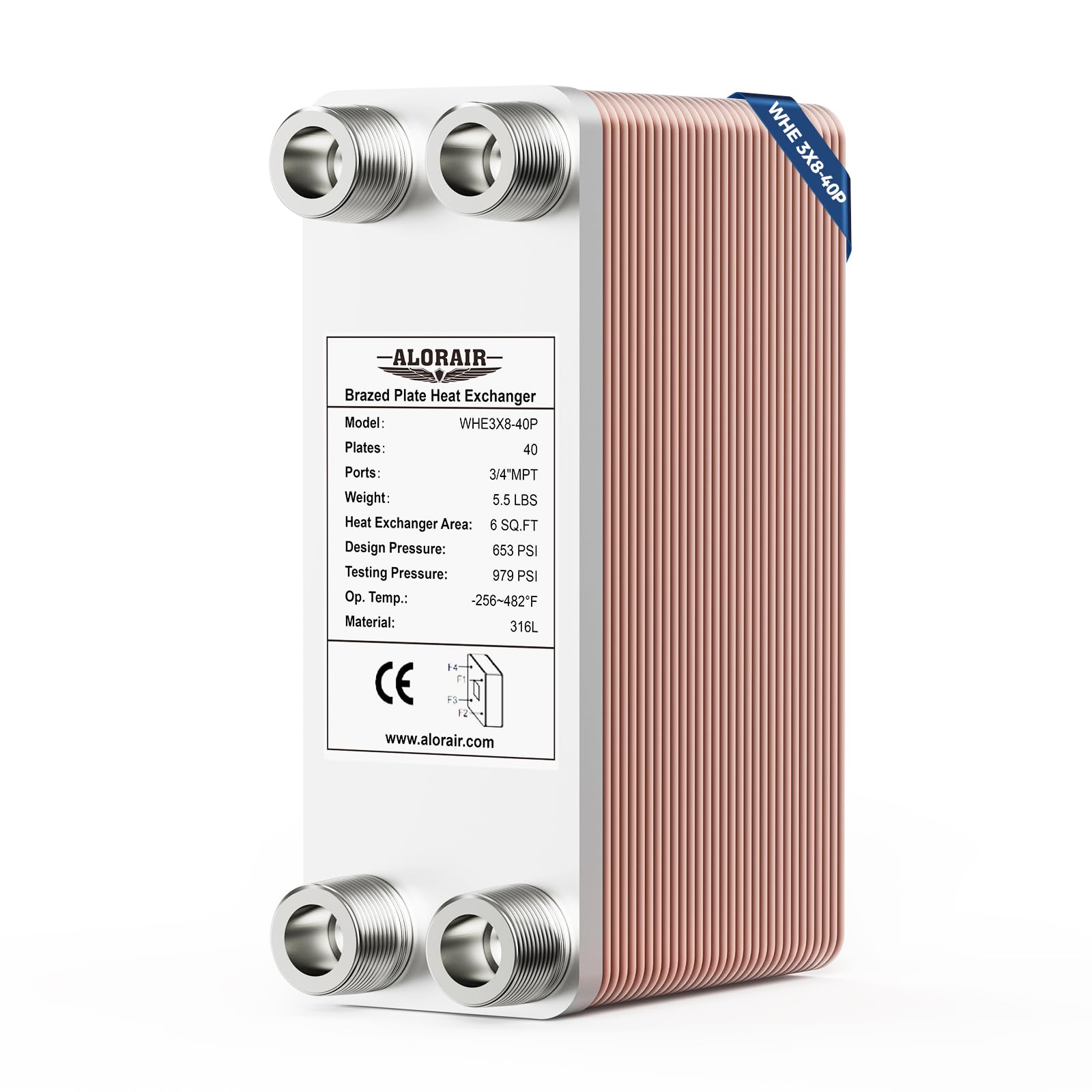 ALORAIR 3"x8" 40 Plates Heat Exchanger with 3/4" MPT Port,316L Stainless Steel Water to Water Plate Heat Exchanger for Floor Heating, Water Heating, Commercial and Industrial Refrigeration