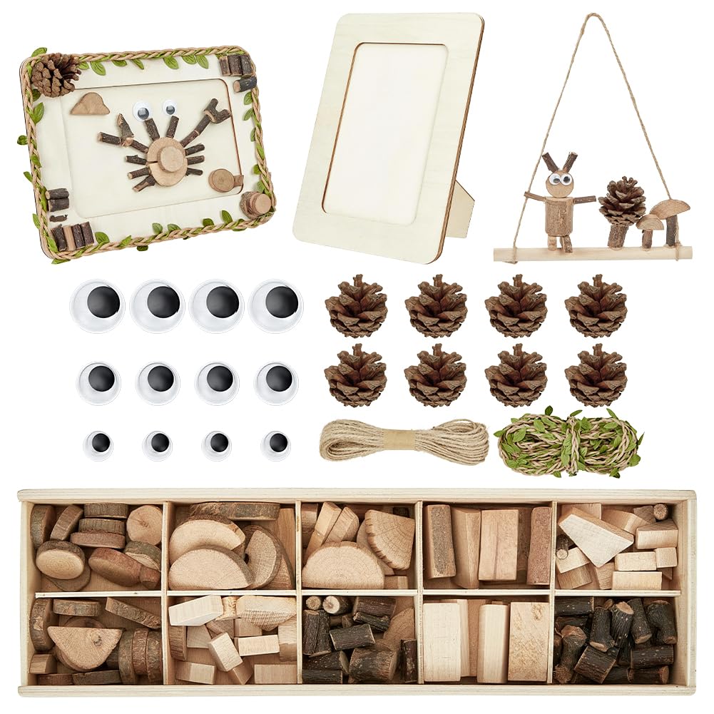 PH PandaHall Wooden Unfinished Craft Kits, Wood Slices for Crafts with Photo Frame Eyes Buttons Pine Cone DIY Wood Building Blocks for Preschool Art Projects DIY Painting Building Sorting Activities