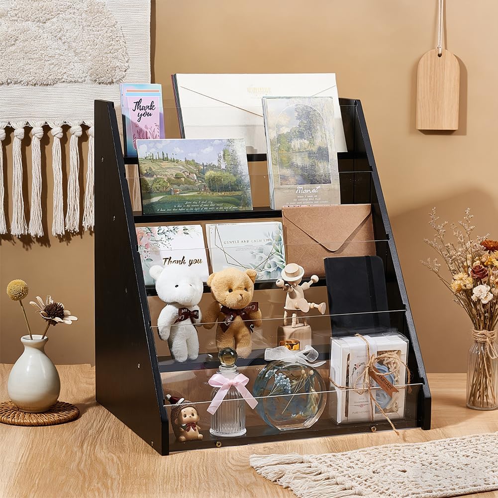 UNICRAFTALE 5-Tier Bamboo Acrylic Card Displays Case Postcard Rack Portable Sticker Display Stand Counter Retail Display Rack for Bookmark Counter Tabletop 13.7x10.9x15.3in