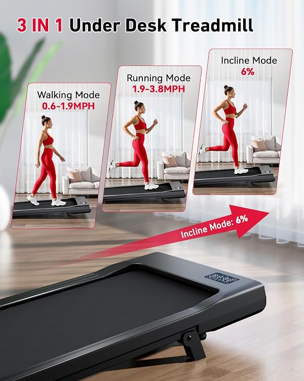 DeerRun Walking Pad with Incline, Under Desk Treadmill, 3 in 1 Portable Treadmills for Home with Remote Control LED Display, 2.5 HP Quiet Mini Treadmill for Office Home Use, 300 Lbs Capacity by DeerRun - Image 4