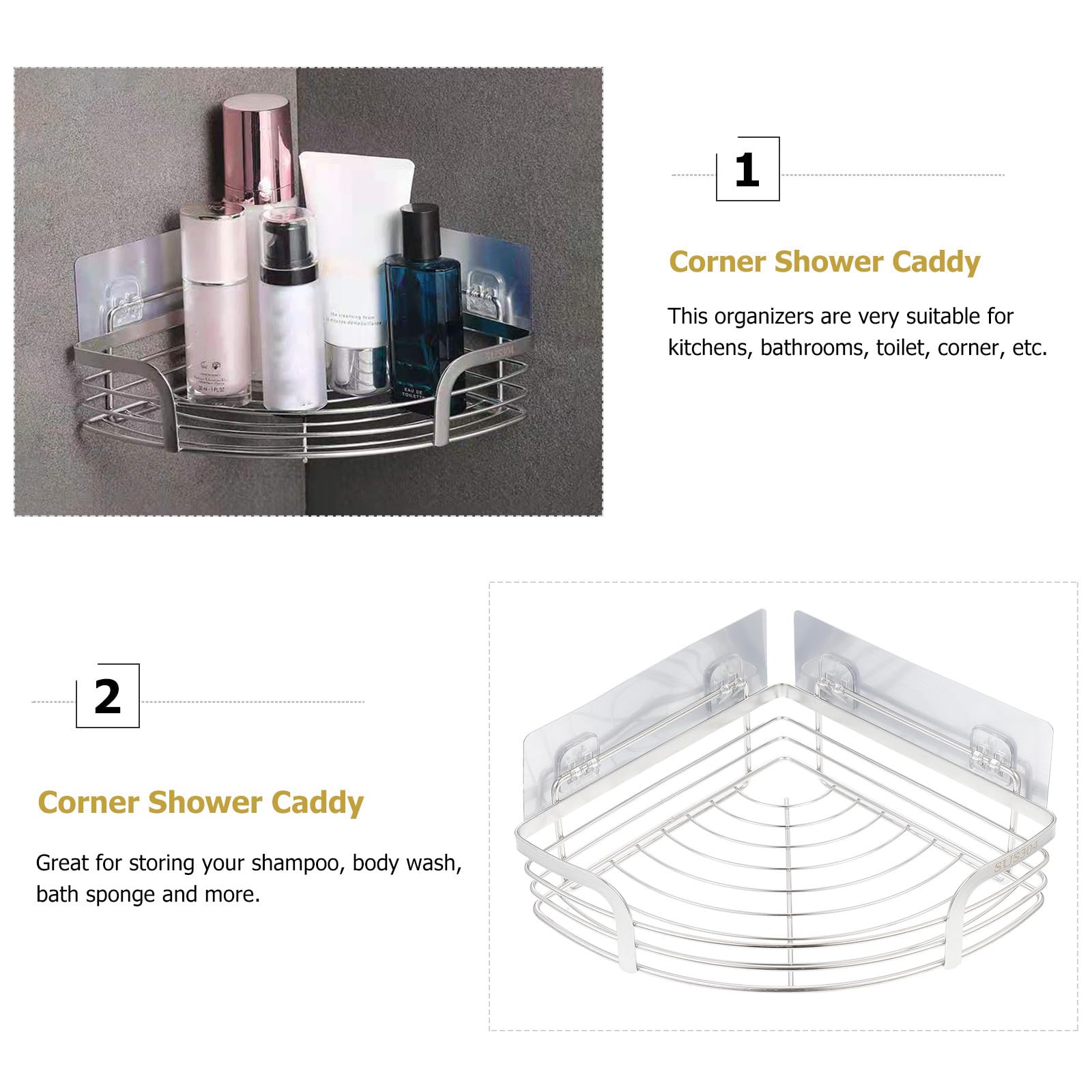 SHINEOFI Estante de Ducha Esquinero de Acero Inoxidable 304, Pequeño 20 Cm con Barra Alta, Organizador Adhesivo sin Taladro para Baño, Almacenamiento para Champú y Gel, Diseño Drenaje