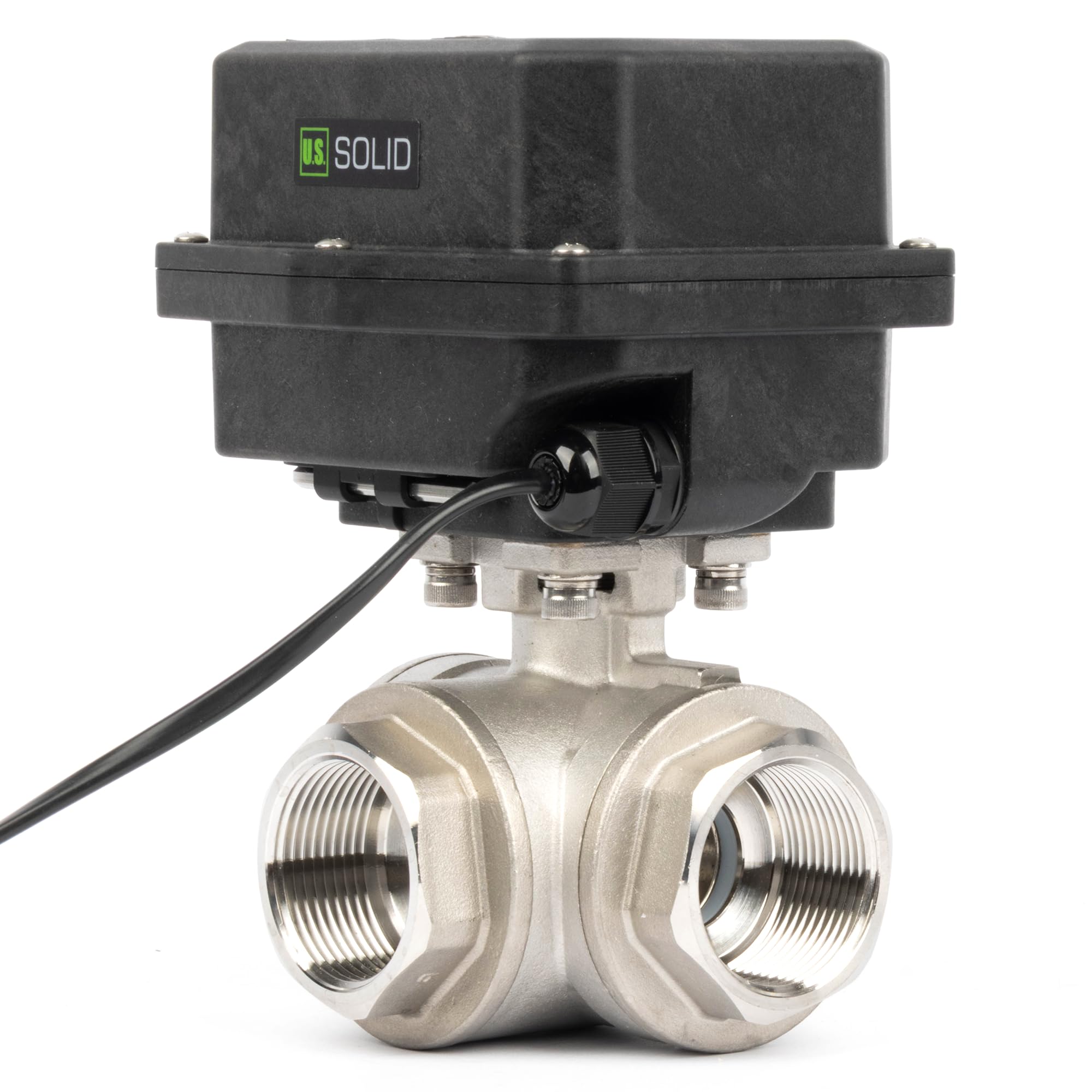 U.S. Solid Válvula de bola de motor de acero inoxidable de 3 vías, válvula de bola con función manual, enchufe de la UE, grifo de paso de agua versátil y resistente tipo L, puerto estándar (1-1/4
