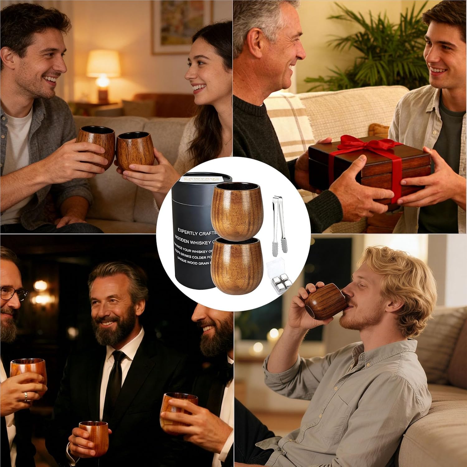 Charred Wooden Bourbon Drinking Glass set 2, Wooden Whiskey Glass with 304 Stainless Steel Stones & Clip, Old Fashioned Glasses for Men Dad Husband，Gifts for Valentines Birthday Fathers Day