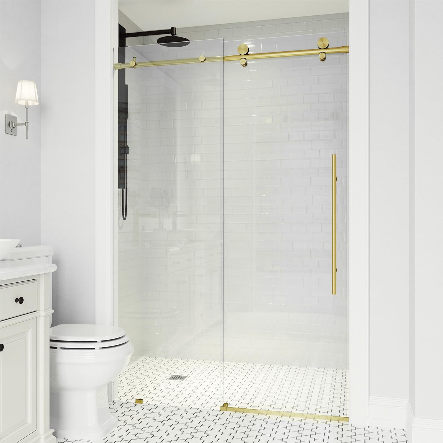 VIGO Elan E-Class 60 to 64 in. W x 76 in. H Sliding Frameless Shower Door in Matte Brushed Gold with 3/8 Clear Glass-VG6021MGCL6476