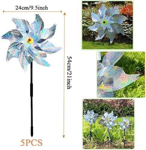 Miniatura 2 de Paquete de 5 molinetes para patio y jardín, molinetes reflectantes para disuasión de aves, molinetes para exteriores, molinetes al aire libre para
