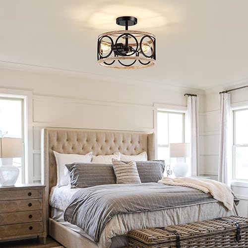 Miniatura 7 de Candelabros de techo semiempotrados de 12.6 pulgadas, 3 luces de granja para comedor, lámpara de tambor moderna de roble cerca del techo para