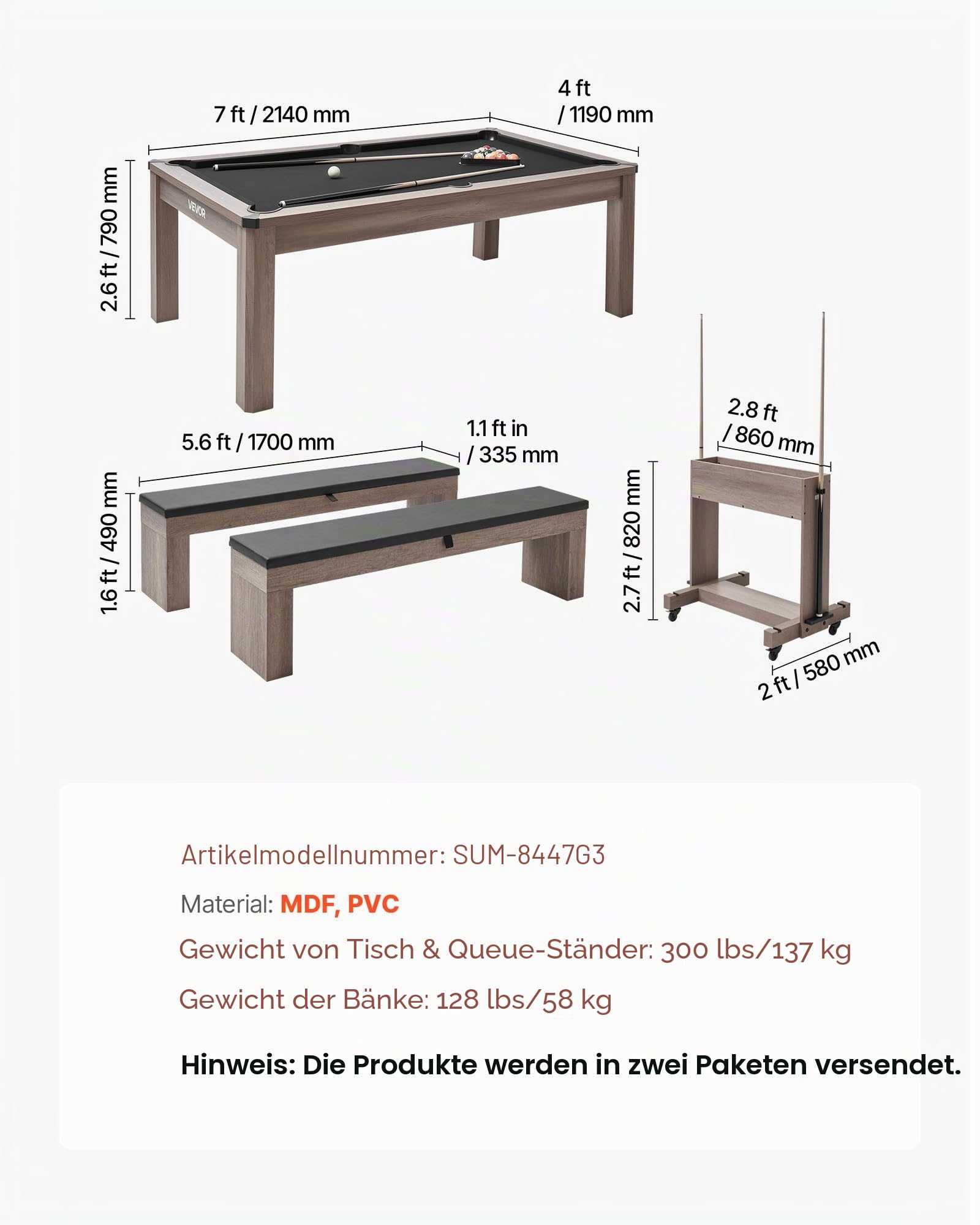 VEVOR 214 cm Billardtisch 3 in 1 Tischspiele mit Essplatte Tischtennisplatte, 137 kg belastbar, Queue-Ständer Kreidebürste