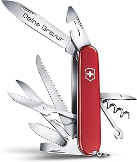 Huntsman 1.3713 Couteau de poche suisse avec gravure sur la lame I Cadeau pour homme femme I pour anniversaire I Couteau suisse personnalisé avec 15 fonctions (rouge)