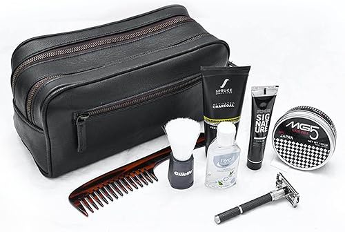 Miniatura 2 de MaheTri Neceser de cuero para hombres, neceser negro, kit de dopp, organizador de viaje de doble sección, ideal para regalos | Regalo para él, Negro