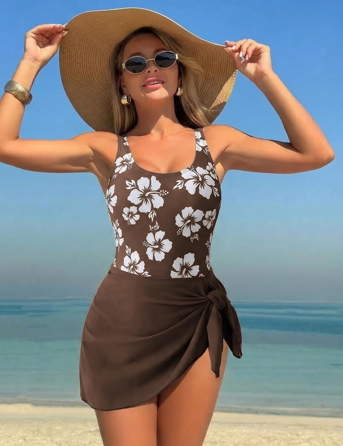 Lingswallow Women's Floral Print One Piece Swimsuit, Tummy Control Modest Square Neck Bathing Suit for Beach Vocation