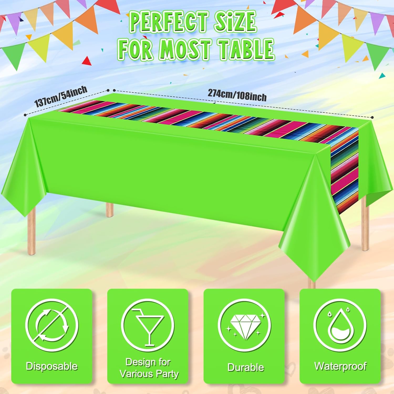 12 Pcs Mexican Fiesta Plastic Tablecloth, Rectangle Disposable Table Cloth Striped Table Cover for Cinco De Mayo Taco Night Fiesta Party Decoration, Mexican Wedding Birthday Home Decor, 108 x 54 Inch