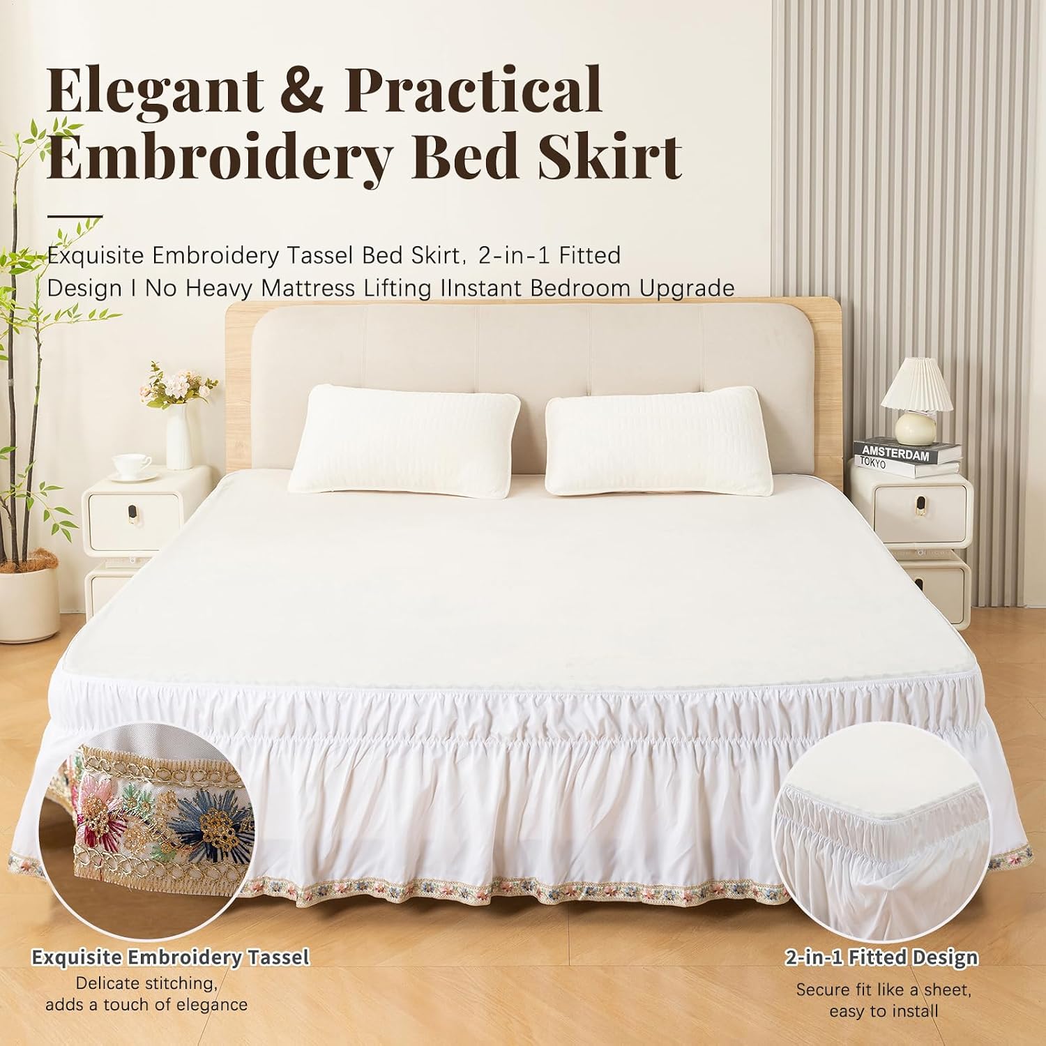 White Wrap Around Bed Skirt, Floral Trim, Queen | Adjustable elastic wrap-around design with floral trim adds a decorative finish and helps conceal the bed frame and storage.